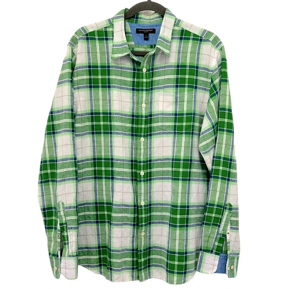 BANANA REPUBLIC SLIM-FIT PLAID LINEN/COTTON SHIRT MEN BUTTON DOWN FLIP CUFF SZ L - Picture 1 of 10